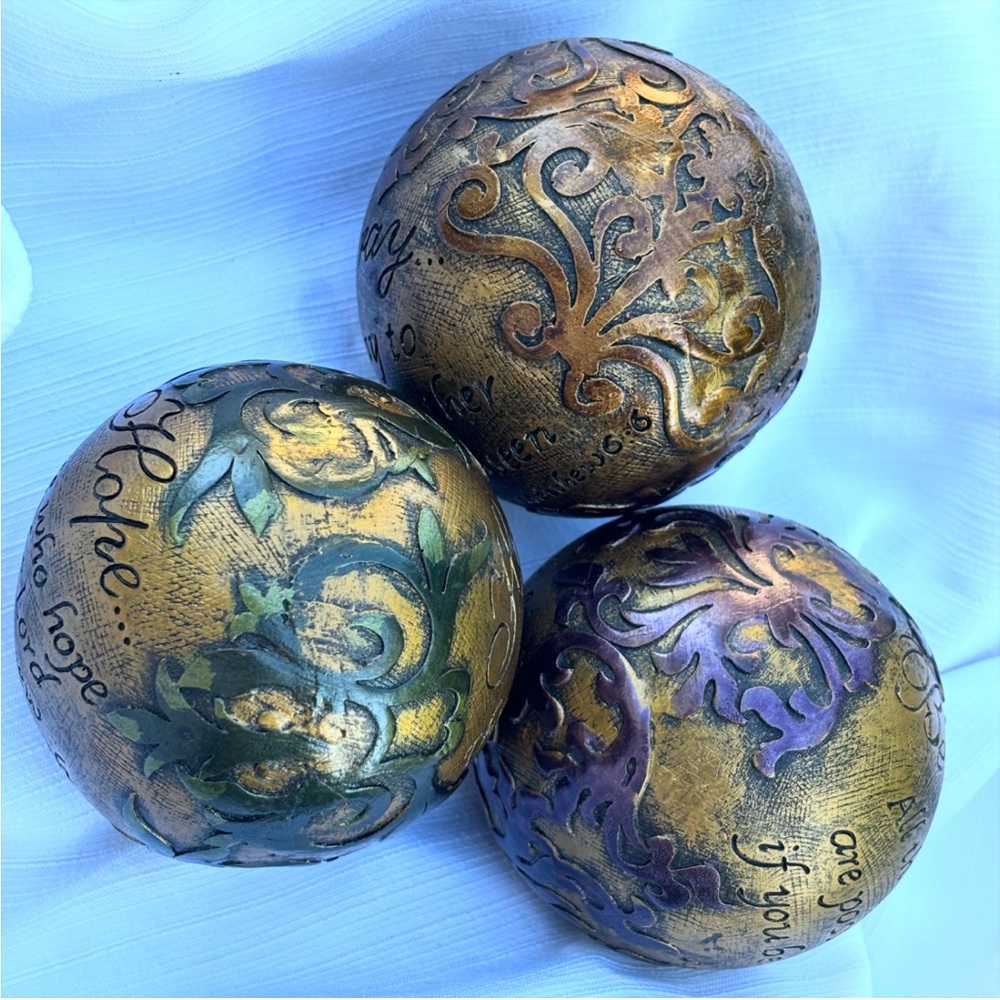 VTG Set of 3 Religious Ornate Decorative Gold Blue Green Balls/Spheres/Orbs